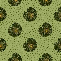Abstract seamless nature pattern with doodle green simple style water lily silhouettes. Light green dotted background. vector