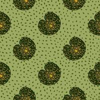 Abstract seamless nature pattern with doodle green simple style water lily silhouettes. Light green dotted background. vector