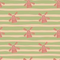 Architecture seamless pattern with pink doodle windmill ornament. Green striped background. vector