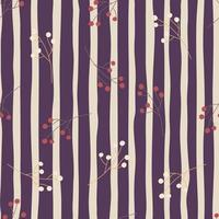 Decorative natural seamless pattern with simple random organic berries print. Purple and grey striped background. vector