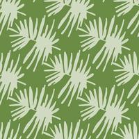 Hand drawn doodle seamless tropical leaf figures. Light pastel foliag on green background. Nature artwork. vector