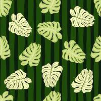 Random nature exotic seamless pattern with doodle monstera leaves print. Green striped background. vector