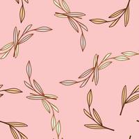 Summer bright seamless patetrn with outline random leaf branches print. Pastel pink background. vector