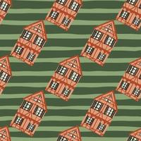 Decorative seamless pattern with house cartoon orange colored elements. Green striped background. vector