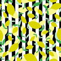 Lemon seamless pattern with leaves on stripes. Hand drawn vector