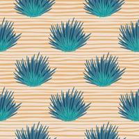 Seamless pattern with hand drawn bush silhouettes. Foliage shapes in blue and turquoise tones on stripped pastel orange background. vector