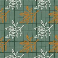 Fall seamless pattern with outline orange and white branches. Pale green chequered background. vector