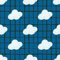 Doodle seamless pattern with white hand drawn clouds silhouettes. Weather print with dark blue chequered background. vector