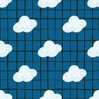 Doodle seamless pattern with white hand drawn clouds silhouettes. Weather print with dark blue chequered background. vector