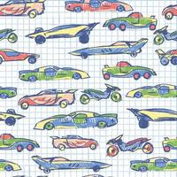 Abstract seamless pattern with hand drawn cute car. School collection. Cartoon cars vector illustration. Notebook paper pattern. Perfect for kids fabric,textile,nursery wallpaper