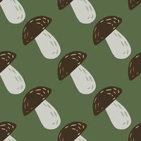 Seamless fall pattern with simple doodle mushroom silhouettes. Brown and grey colored ornament on green background. vector