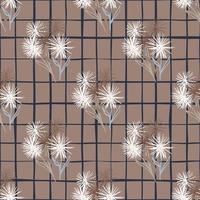 Autumn seamless pattern with hand drawn dandelions. White flower silhouettes on brown background with check. vector