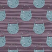 Pale blue cauldron ornament seamless doodle pattern. Purple striped background. vector