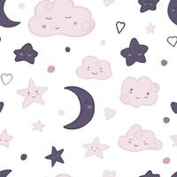 Cute sky seamless pattern in doddle style. Hand drawn night cloud sky wallpaper with smiling star, sleeping moon. vector