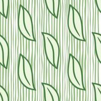 Hand drawn nature seamless abstract pattern with outline leaves elements. Striped green and white background. vector