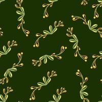 Random seamless pattern with botanic floral branches elements. Dark green olive background. vector