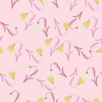 patrón sin costuras de primavera creativa con elementos de campanilla de garabato. fondo rosa pastel. telón de fondo floral. vector