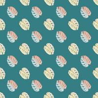 Pink, blue, yellow colored monstera leaves seamless pattern in doodle style. Turquoise background. vector