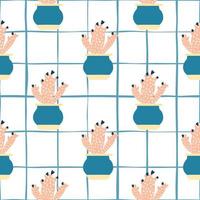 Seamless pattern with cactus in pot on stripe background. Design for fabric, textile print, wrapping paper. vector