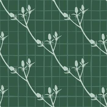 Seamless pattern with doodle light branches ornament. Thorn botanic elements on green chequered background. vector