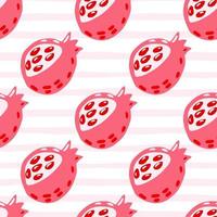 Bright contrast garnet seamless pattern. Pink fruit doodle silhouettes on white stripped background. vector