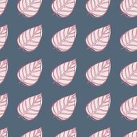 Pink contoured white leaves seamless doodle pattern. Hand drawn foliage ornament on pale navy blue background. vector