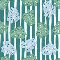 Botany seamless pattern with random blue and green monstera leaf shapes. Turquoise striped background. vector