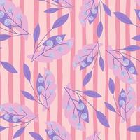 Random seamless pattern with purple cute rowan berry and leaf silhouettes. Pink striped background. vector