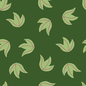Minimalistic seamless pattern with doodle simple leaf bush random ornament. Green palette artwork. vector