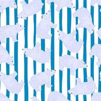 Abstract random seamless pattern with simple polar bear silhouettes ornament. Striped blue background. vector