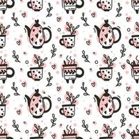 Seamless pattern with cups, teapots, coffee and tea kitchenware. Doodle style hand drawn illustration for menu design and wrapping paper. vector