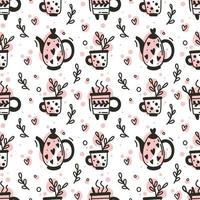 Seamless pattern with cups, teapots, coffee and tea kitchenware. Doodle style hand drawn illustration for menu design and wrapping paper. vector