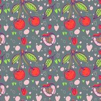 Cherry colorful seamless pattern. Hand drawn doodle background for kitchen wallpaper, textile, fabric, menu design isolated on grey background. vector