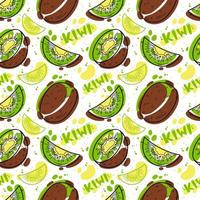 Doodle kiwi seamless pattern. Cute colorful background texture for kitchen wallpaper, textile, fabric, menu design. Bright juicy fruits and hand written lettering isolated on white background vector