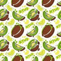 Doodle kiwi seamless pattern. Cute colorful background texture for kitchen wallpaper, textile, fabric, menu design. Bright juicy fruits and hand written lettering isolated on white background vector