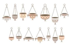 Set of empty hanging flower pots. Hand crafted macrame planter vector