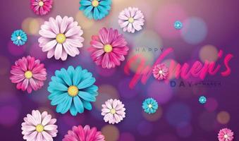 Happy Women's Day Design with Flower and Typography Letter on purple Background