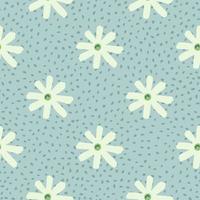 Seamless herbal pattern with chamomile geometric shapes. White flowers on blue background with dots. vector