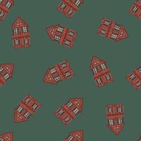 Seamless random pattern with maroon house building silhouette. Dark green background. vector