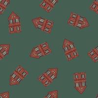 Seamless random pattern with maroon house building silhouette. Dark green background. vector