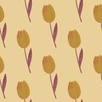 Minimalistic pale seamless botanic pattern with tulip flower silhouettes. Orange buds an maroon stems. Simple backdrop. vector