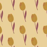 Minimalistic pale seamless botanic pattern with tulip flower silhouettes. Orange buds an maroon stems. Simple backdrop. vector