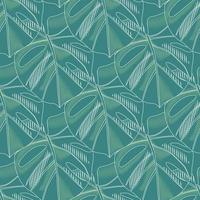 Abstract seamless pattern with doodle outline monstera leaf ornament. Turquoise and blue palette tropic artwork. vector