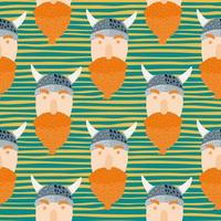 Seamless scandi stylized ancient pattern with viking character faces. Medieval print on striped background. vector