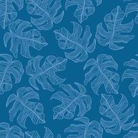 la hoja de monstera da forma a un patrón aleatorio sin costuras. Estampado floral creativo con fondo índigo azul marino brillante. vector