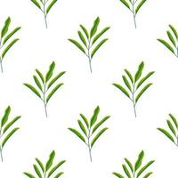 Minimalistic green leaf branches seamless pattern in hand drawn style. White background. Scrapbook ornament. vector