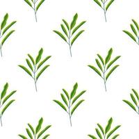 Minimalistic green leaf branches seamless pattern in hand drawn style. White background. Scrapbook ornament. vector