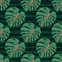 Tropical monstera leaves seamless pattern with on stripe background. vector