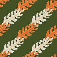 Scrapbook nature seamless simple pattern with orange and white colored tropic leaf shapes. Green olive background. vector