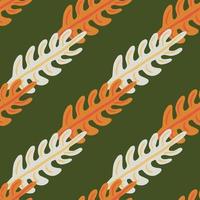 Scrapbook nature seamless simple pattern with orange and white colored tropic leaf shapes. Green olive background. vector